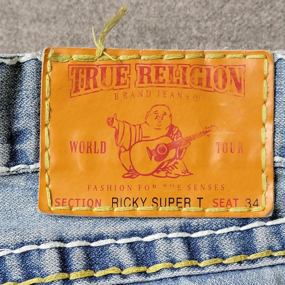 True Religion‎ Ricky Super T Jeans Mens 37x33 Blue Distressed Denim Made USA